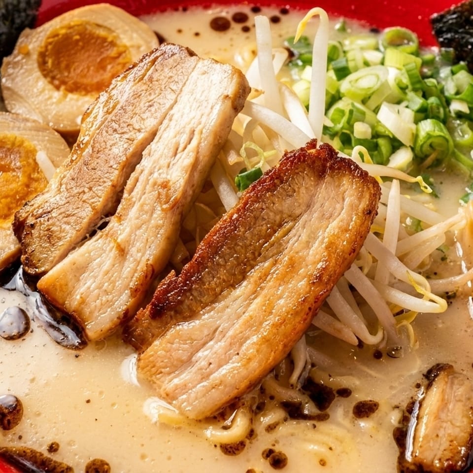 Close-up of ramen in a red bowl with pork belly, soft-boiled eggs, green onions, and nori.