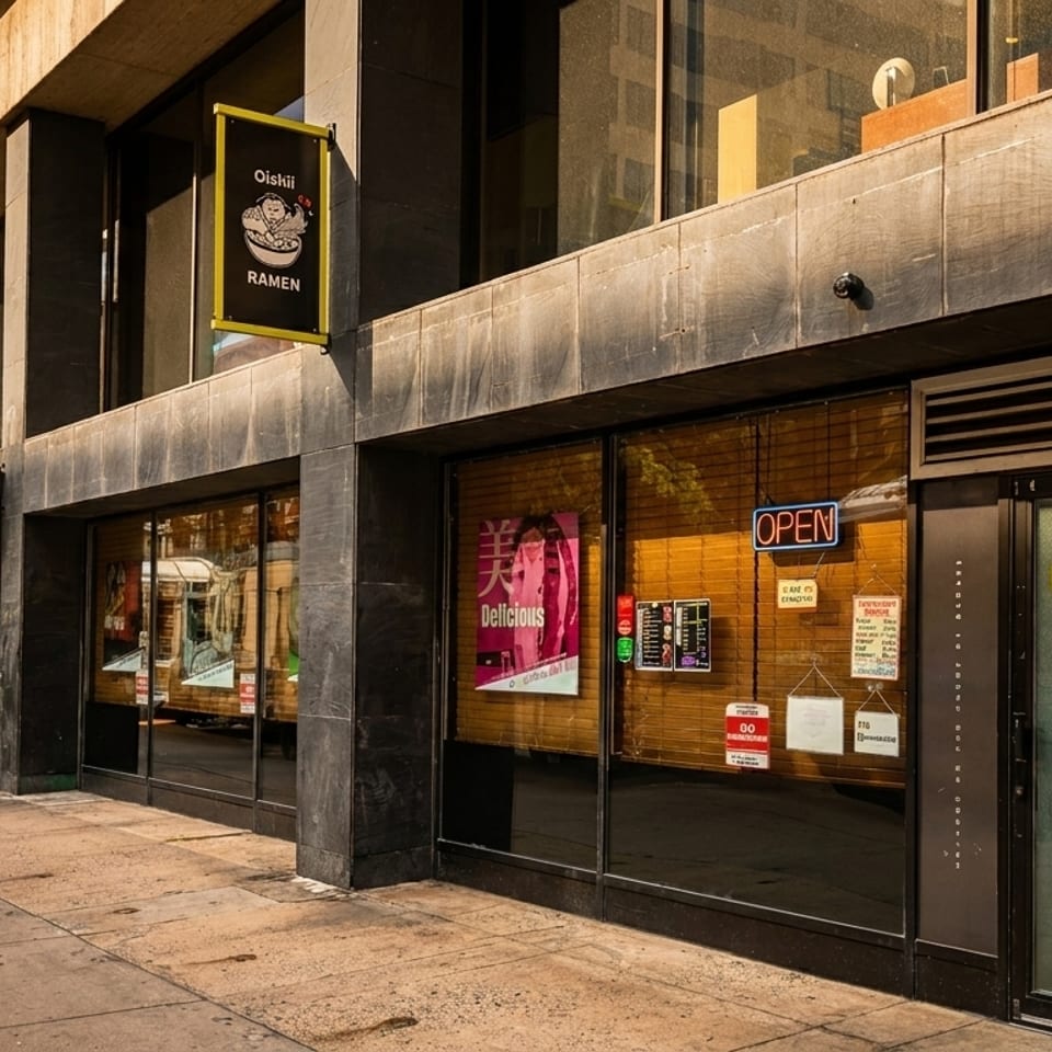 Exterior of Dishii Ramen restaurant with large windows, an "OPEN" sign, and a black and yellow sign.
