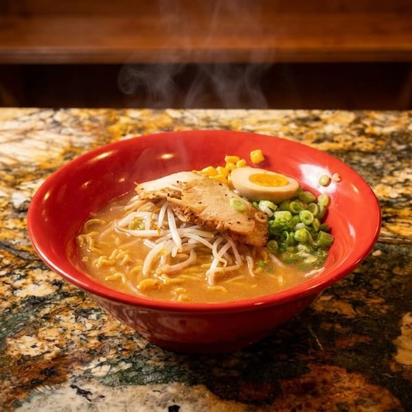 Steaming bowl of ramen with pork, bean sprouts, corn, scallions, and a soft-boiled egg on a granite counter.