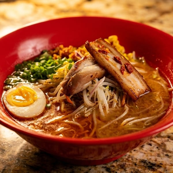 A vibrant red bowl of ramen with pork belly, egg, scallions, and bean sprouts on a marble counter.