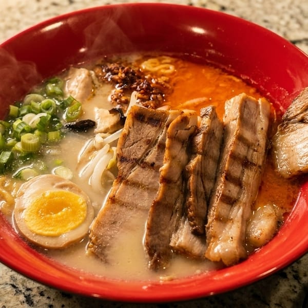 Steaming bowl of ramen with grilled pork, egg, scallions, and chili oil in a red bowl.