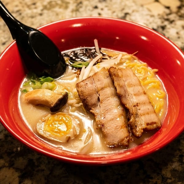 A red bowl of ramen with pork belly, egg, mushrooms, and noodles on a granite countertop.