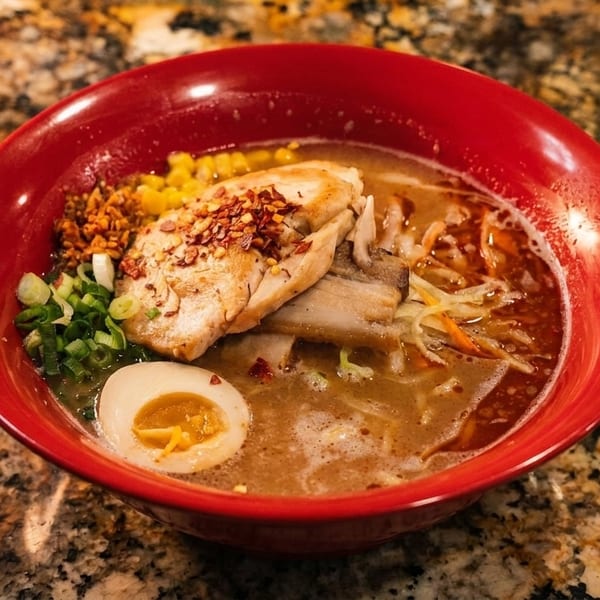 Ramen in a red bowl with chicken, corn, scallions, and a soft-boiled egg on a granite counter.