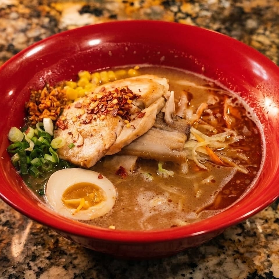 Ramen in a red bowl with chicken, corn, scallions, and a soft-boiled egg on a granite counter.