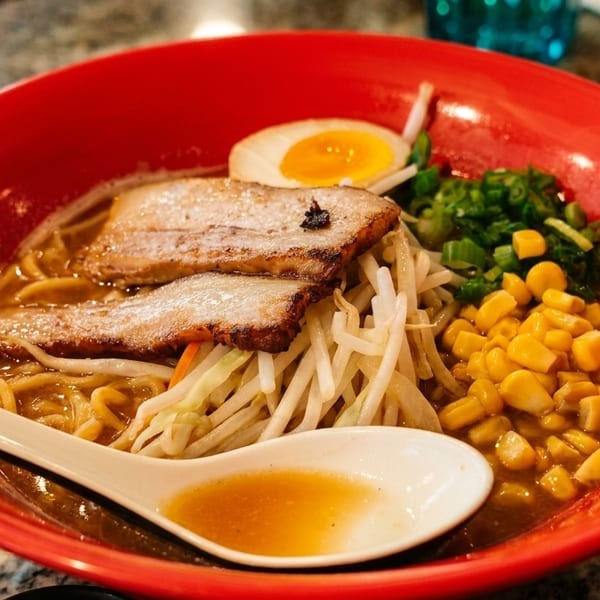 A vibrant red bowl of ramen with pork belly, corn, green onions, bean sprouts, and a soft-boiled egg.