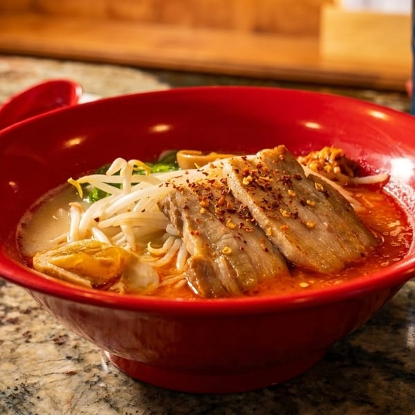 Spicy ramen in a red bowl with pork belly, bean sprouts, and chili flakes on a granite counter.