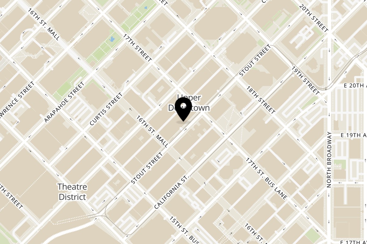 Map showing the location of Oishii Ramen on 1645 Stout St in Denver